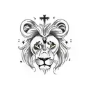 half the lion face on one side of the cross and lamb on the other side tattoo design idea