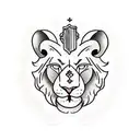 half the lion face on one side of the cross and lamb on the other side tattoo design idea