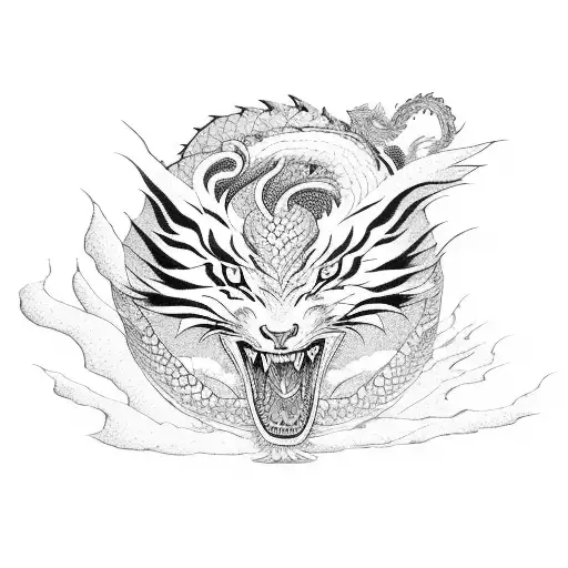 a phoenix fighting the forces of nature with a tiger and a dragon in the style of Japanese paintings  tattoo design idea