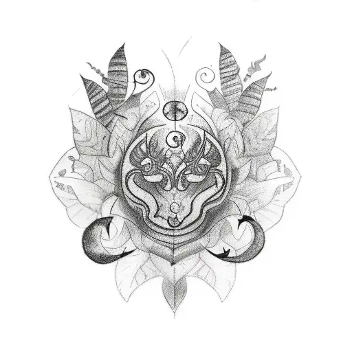 A sketch-style tattoo showcasing the diverse flora and fauna of the Amazon rainforest, with a hidden Marajoara symbol tattoo design idea