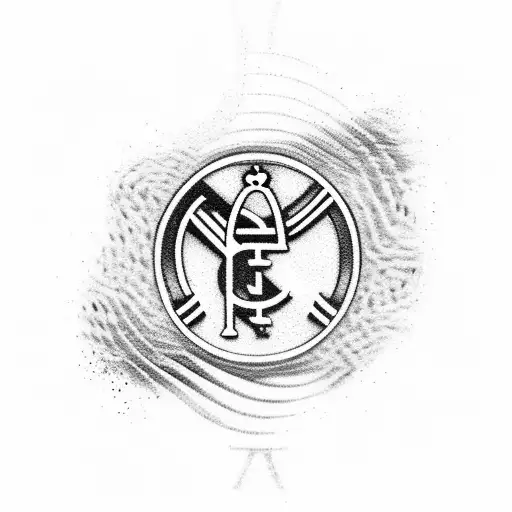 A dotwork tattoo of the Real Madrid logo with a subtle musical touch, like sound waves surrounding it tattoo design idea