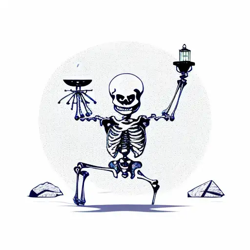 A skeleton holding a lantern on a rocky beach tattoo design idea