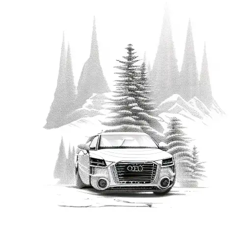 Audi car key carved out of wood with a mountain landscape engraved on it tattoo design idea