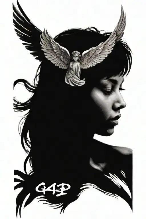 Girl face with angel wings spread and 224 text tattoo design idea