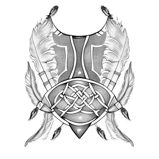 celtic shoulder armour with straps and osprey feathers sticking out of the bottom tattoo design idea
