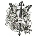 cello, infinity sign intertwined, butterfly tattoo design idea