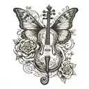 cello, infinity sign intertwined, butterfly tattoo design idea