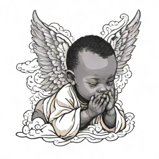 African black baby praying with clouds and wings made tattoo design idea