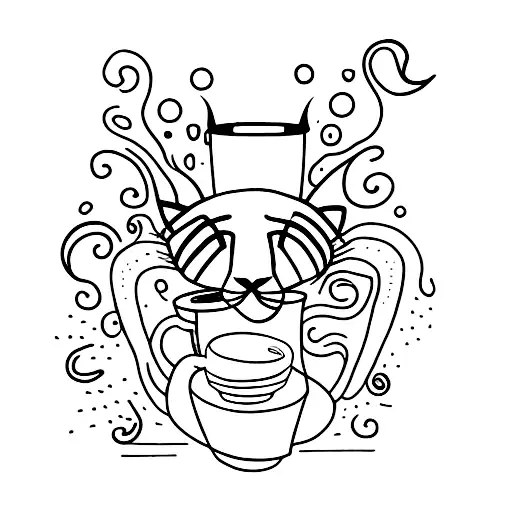 thin line coffee cup with a cat sticking his head out of the coffee cup tattoo design idea