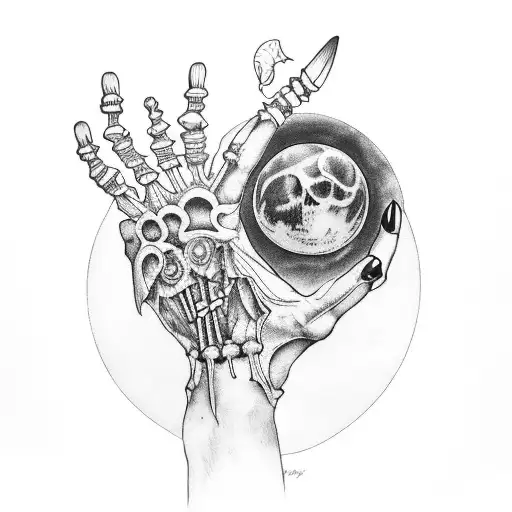 Raven, Orchid, Moon Phases,  a skeleton hand, a normal hand tattoo design idea
