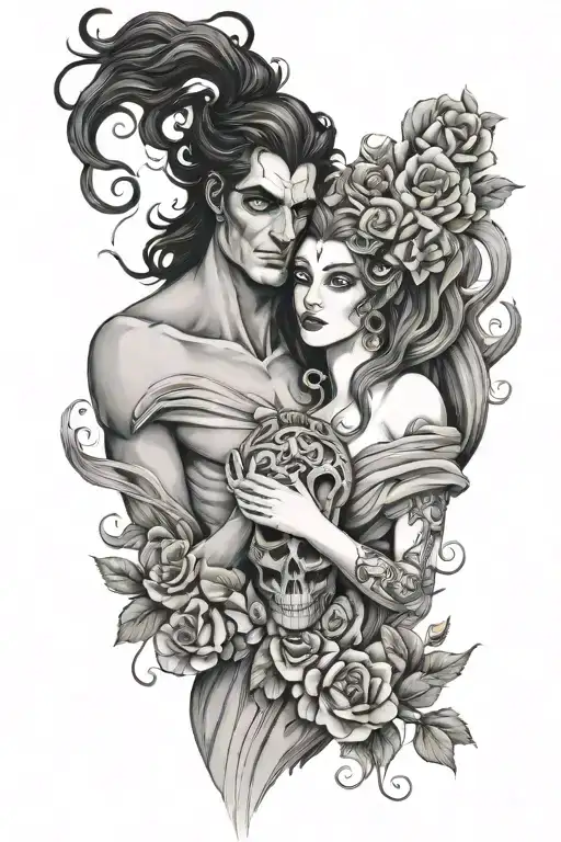 hades persephone posing together in love tattoo design idea