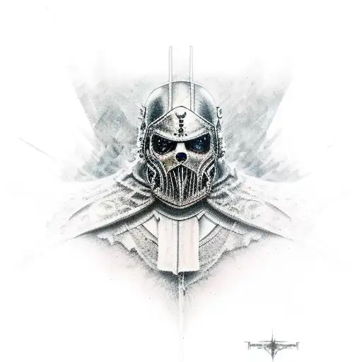 tattered crusader looking over a wasteland tattoo design idea