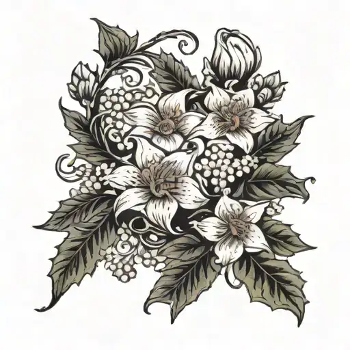 holly wreath embedded with a poppy flower, a daffodil flower, an aster flower and a lily of the valley flower tattoo design idea