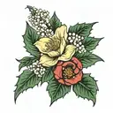 holly wreath embedded with a poppy flower, a daffodil flower, an aster flower and a lily of the valley flower tattoo design idea