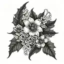 holly wreath embedded with a poppy flower, a daffodil flower, an aster flower and a lily of the valley flower tattoo design idea