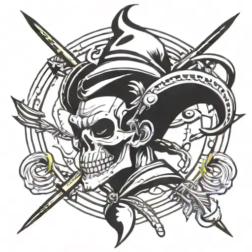 Sagittarius with a skeleton head wearing a joker hat with 4 bells. tattoo design idea