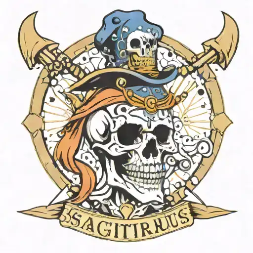 Sagittarius with a skeleton head wearing a joker hat with 4 bells, each bell to have one of the letters E, B, A, H tattoo design idea