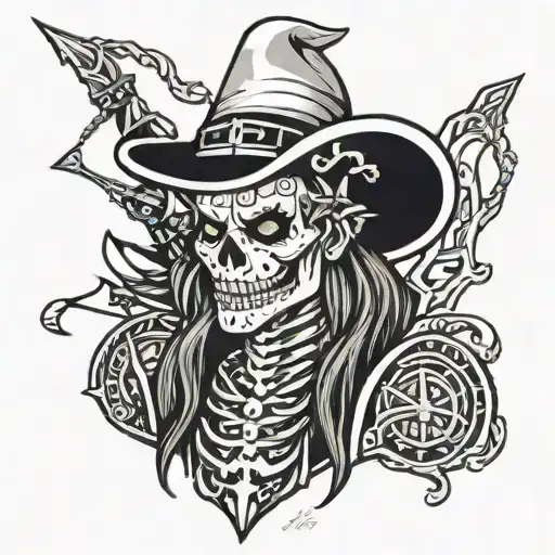 Sagittarius archer with a skeleton head wearing a joker hat with 4 bells. tattoo design idea