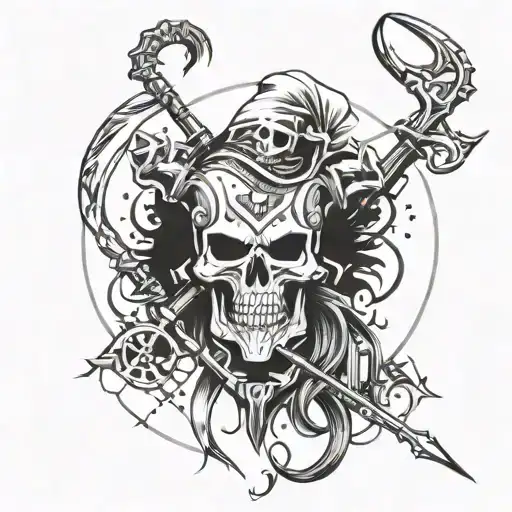 Sagittarius archer with a (skeleton head:1.3) wearing a (joker hat:1.3) with (4 bells:1.4). tattoo design idea