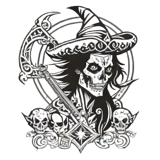 Sagittarius with a skeleton head wearing a joker hat with 4 bells. tattoo design idea