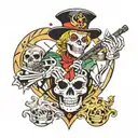 Sagittarius with a skeleton head wearing a joker hat with 4 bells, each bell to have one of the letters E, B, A, H tattoo design idea