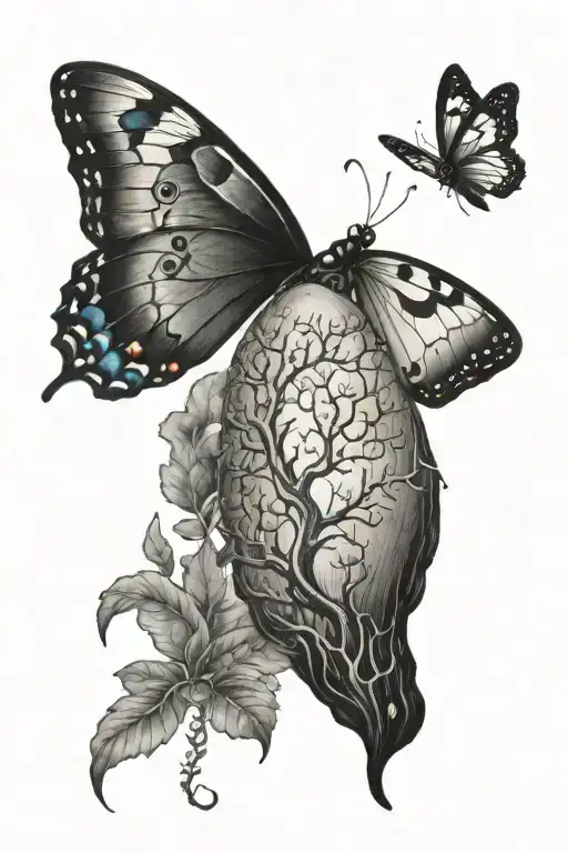 big black & white tree small blue caterpillar cocoon and butterfly tattoo design idea
