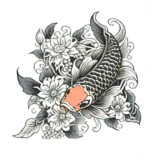a koi fish surrounded by a flower engulfed in human ribs  tattoo design idea