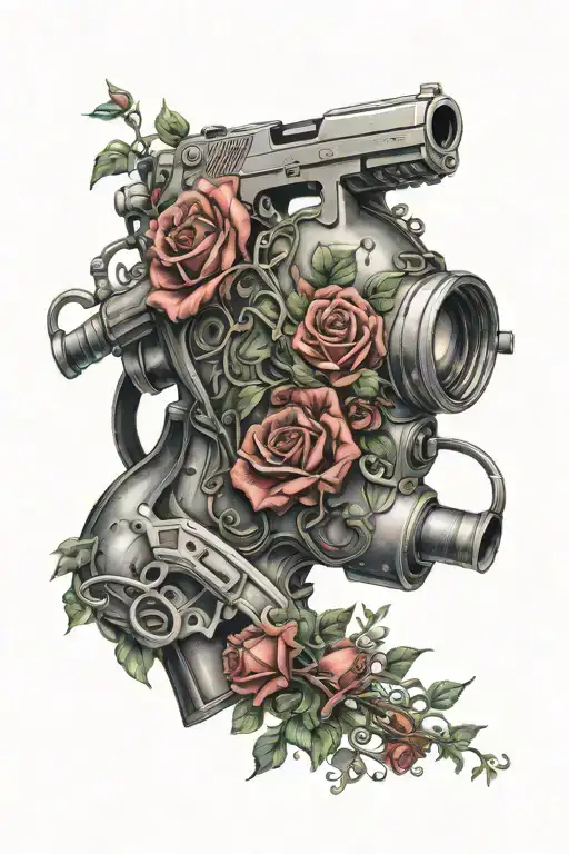 A realistic depiction of a gun morphing into a diving mask with intricate rose vines tattoo design idea