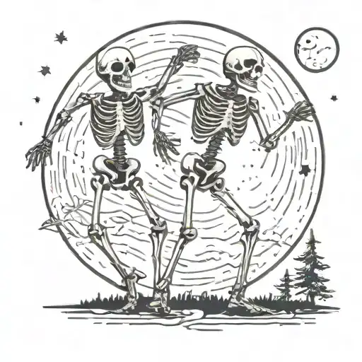 Two dancing skeletons infront of a full moon  tattoo design idea