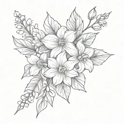 bouquet with violets, daffodils holly flowers tattoo design idea