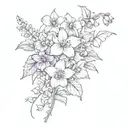 bouquet with violets, daffodils holly flowers tattoo design idea