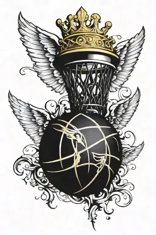 basketball with wings and crown gold chain tattoo design idea