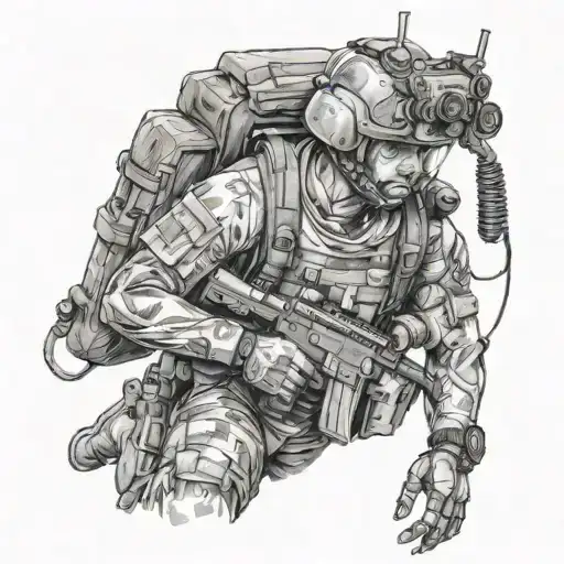 A realistic black and grey tattoo of a soldier in full army gear, with a pixelated gaming controller in one hand and a hiking backpack on their back tattoo design idea