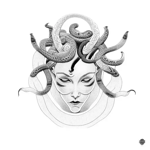 A minimalist tattoo of Medusa's profile with snakes slithering around her, creating a dynamic and eye-catching composition tattoo design idea