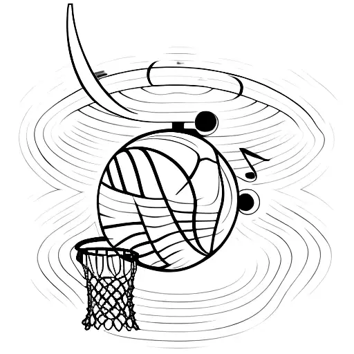  a design featuring a basketball soaring through a vibrant summer sky, surrounded by musical notes that form the outline tattoo design idea