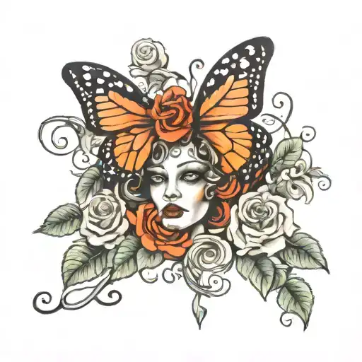 Medusa head rose and butterfly resting tattoo design idea