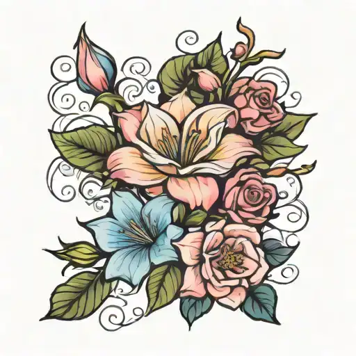 rose, morning glory, paperwhites, waterlilly flowers  tattoo design idea