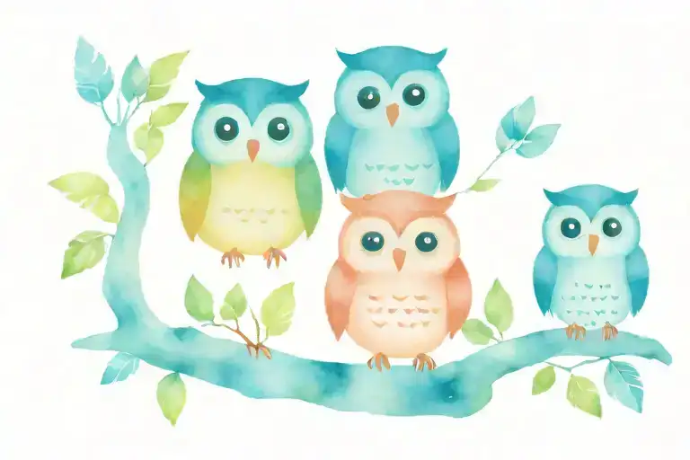 3 cute little owls with names owen, paige, and leo tattoo design idea