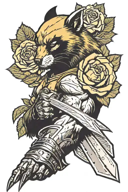 A forearm tattoo of a wolverine with a dagger through it, with some roses and 2004 at the wrist tattoo design idea