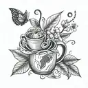A coffee bean sprouting flowers and musical notes, symbolizing the connection between coffee, music, and nature tattoo design idea