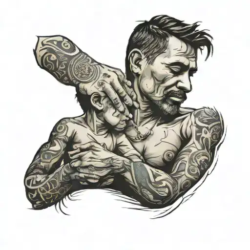 A father and son holding hands with a favela in the background tattoo design idea