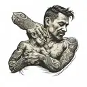 A father and son holding hands with a favela in the background tattoo design idea