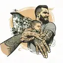 A father and son holding hands with a favela in the background tattoo design idea