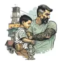 A father and son holding hands with a favela in the background tattoo design idea