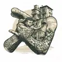 A father and son holding hands with a favela in the background tattoo design idea