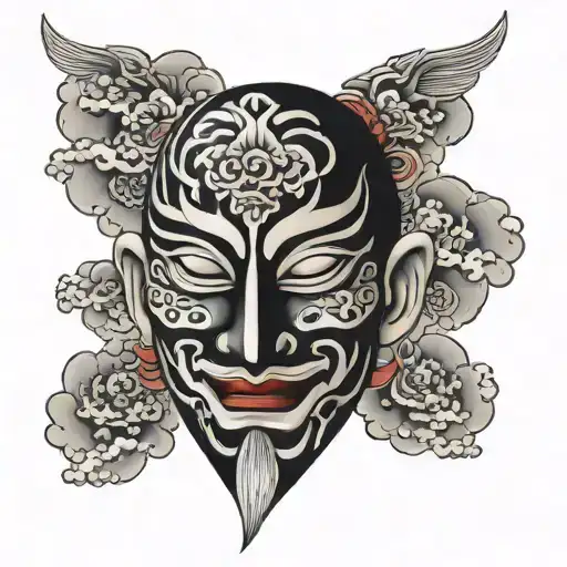 hanya mask with japanese clouds tattoo design idea