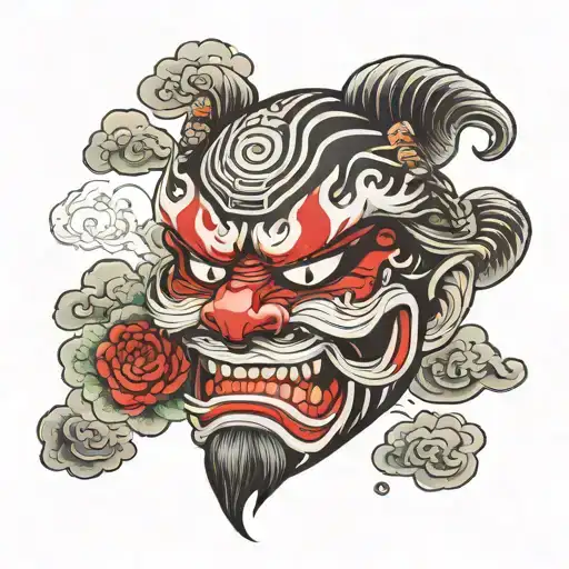 hanya mask with japanese clouds tattoo design idea