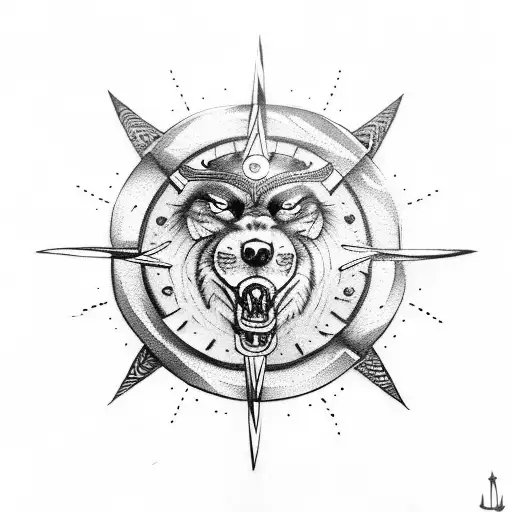 viking compass with snarling wolf tattoo design idea