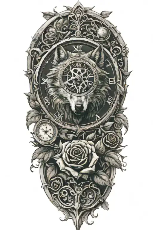 tattoo with wolf, rose, clock, heart, vines growing tattoo design idea