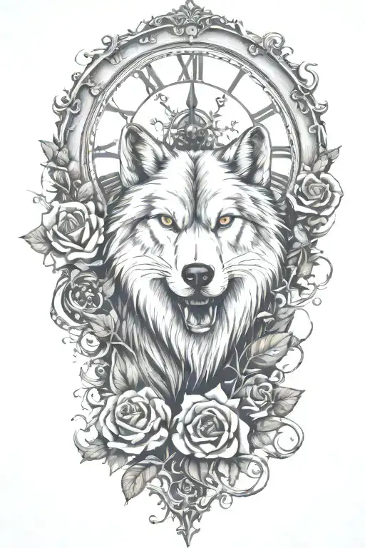 tattoo with wolf, rose, only ONE clock, heart, vines growing tattoo design idea